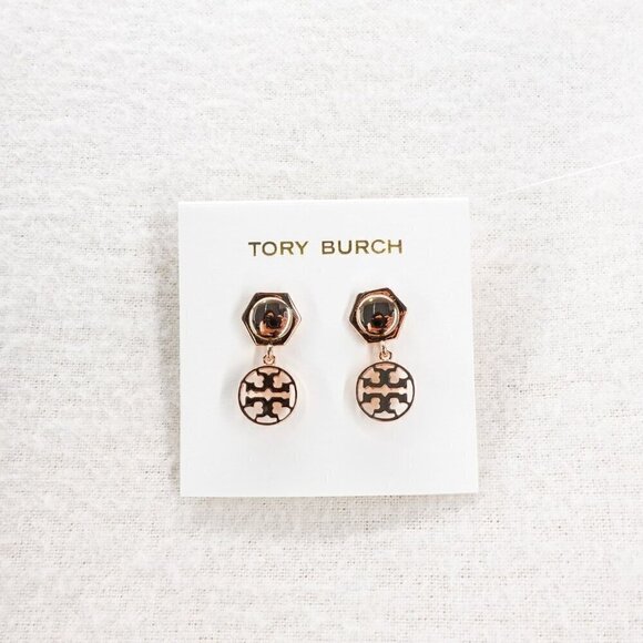 Tory Burch Hexagon Circle Logo Drop Earrings Rose Gold OS - Picture 1 of 12